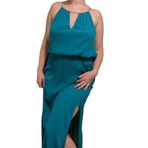 Just Fab Medium Turquoise Jewel Tone Vacation Maxi Dress Flowy Boho Deep V Back